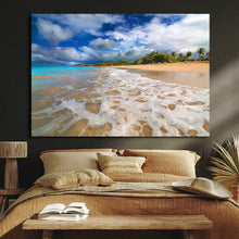 Large Tropical Beach Canvas – Golden Sand, Sea Foam Waves & Palm Trees Coastal Wall Art