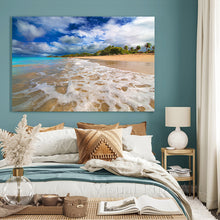 Large Tropical Beach Canvas – Golden Sand, Sea Foam Waves & Palm Trees Coastal Wall Art