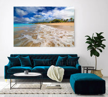 Large Tropical Beach Canvas – Golden Sand, Sea Foam Waves & Palm Trees Coastal Wall Art