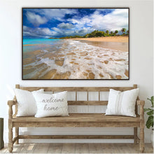 Large Tropical Beach Canvas – Golden Sand, Sea Foam Waves & Palm Trees Coastal Wall Art