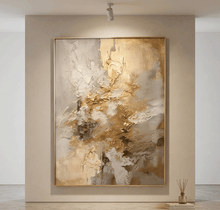 abstract metallic gold white painting with  brushstrokes and gold frame