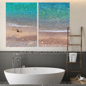 An extra large coastal-inspired minimalist beach wall art set on the wall, over bathroom, in modern bathroom decor setting with boho accents.