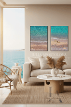 Modern living room with beach-themed decor and ocean view