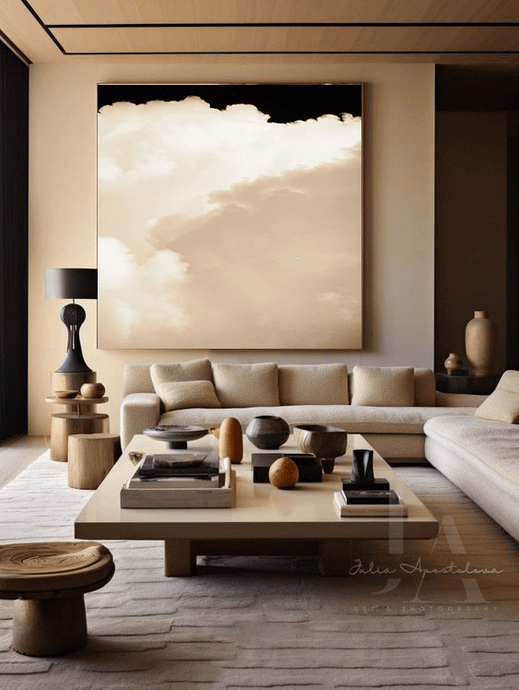 Beige cloud abstract wall art, Neutral Painting of Vintage Clouds, hanging on the wall over couch in Modern Boho Livingroom Decor Setting. Extra Large Canvas Print for Earthy Modern Boho Decor with beige clouds, black sky, square wall art boho decor, Champagne Clouds Neutral Abstract Painting by Julia Apostolova, Large Canvas Modern Beige Wall Art for Trend Boho Decor, Nursery Wall Art, Neutral Wall Art Decor, Minimalist Art direct from the artist studio.