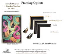 Premium Italian wooden floating gold frame for 'Dance With Me' original abstract painting, ideal for boho or eclectic style interiors. 
A modern abstract botanical painting with gold floating frame, featuring bold various colors including fuchsia pink, gold, sage-turquoise, and black, with splash gold over.