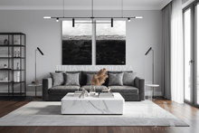 Modern living room with gray sofa, marble coffee table, and BLACK WHITE SILVER wall art, by Julia Apostolova