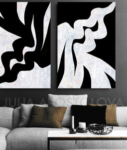 Black White Original Paintings with organic shapes , design by artist Julia Apostolova ©Copyright'15