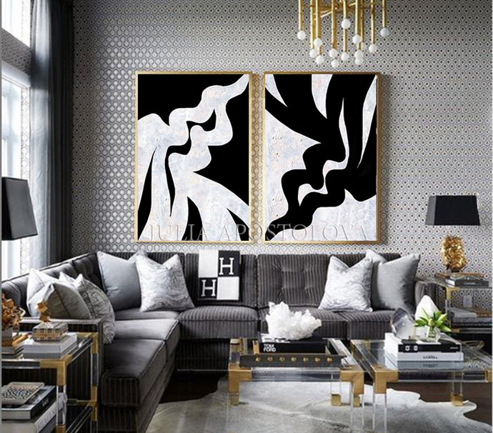 Black White Original Paintings with organic shapes , design by artist Julia Apostolova ©Copyright'15