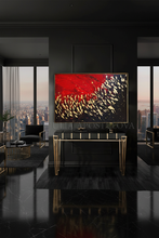 Modern living room with a large abstract painting on a wall, featuring a cityscape view.
