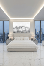 Modern bedroom with a large bed, nightstands, cityscape view, and a large white clouds painting by artist Julia Apostolova