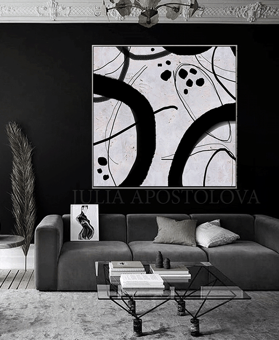 Black White Wall Art Geometric Painting Minimalist Abstract Art of Organic Shapes and Swirling Lines, Black White Abstract Painting Large Wall Art for Modern Decor, Black White Canvas Art, textured painting, black and white wall art by Julia Apostolova, organic shapes, moon agate, geode wall art, geode painting, wall decor, interior art, livingroom wall decor, art for living room, dart for dining room, office art, textured wall art painting, interior designer, art for him