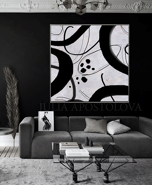 Black White Geometric Abstract Wall Art Painting of Organic Shapes & Swirling Dark Lines Canvas Art, Black White Abstract Painting Large Wall Art for Modern Decor, Black White Canvas Art, textured painting, black and white wall art by Julia Apostolova, organic shapes, moon agate, geode wall art, geode painting, wall decor, interior art, livingroom wall decor, art for living room, dart for dining room, office art, textured wall art painting, interior designer, art for him