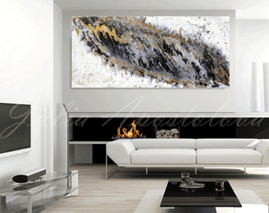 modern black white abstract painting with gold and silver leaf