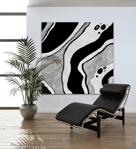 Large Wall Art Black White Silver Glitter Abstract Painting for Modern Decor, Black White Canvas Art, glitter painting, black and white wall art by Julia Apostolova, organic shapes, moon agate, geode wall art, geode painting, wall decor, interior art, livingroom wall decor, art for living room, dart for dining room, office art, textured wall art painting, interior designer, art for him