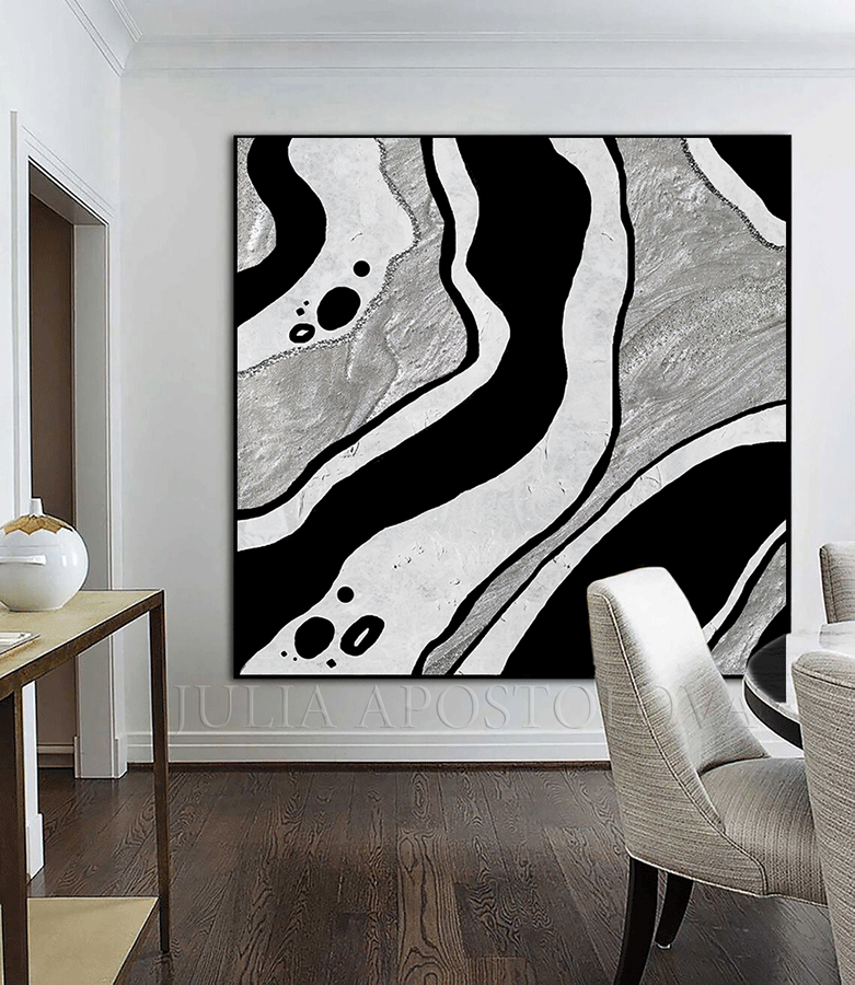 Large Wall Art Black White Silver Glitter Abstract Painting Modern