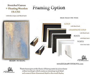 Framing options for stretched canvas art with floating wooden frames.