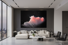 Modern living room with a large cloud painting, over large white couch,  surrounded by furniture, and large floor to ceiling windows with city view.