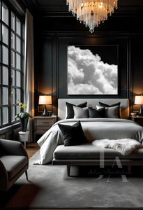 Black White Cloud Abstract Painting in Modern style bedroom. Large black white cloud painting, by Julia Apostolova on the wall, a low couch surrounded by cushions. The room features dark gray black tones, and minimalist modern decor, creating a calming and harmonious atmosphere.