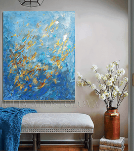 Blue Gold Wall Art, Abstract Gold Leaf Original Painting 'Winter Waltz' Zen Decor by Julia Apostolova, turquoise and black, oil art, gift for him, floral art, gift for her, Gold Leaf Wall art, Julia Apostolova, interior decor, huge art, large wall art, art painting canvas, luxury gold art, abstract gold leaf, abstract minimalist art, modern trendy art, living room wall art, interior designer, bedroom art, art for master bedroom, large painting on canvas, elegant decor, blue gold turquoise, blue canvas art