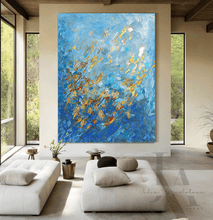 Blue Gold Wall Art, Abstract Gold Leaf Original Painting 'Winter Waltz' Zen Decor by Julia Apostolova, turquoise and black, oil art, gift for him, floral art, gift for her, Gold Leaf Wall art, Julia Apostolova, interior decor, huge art, large wall art, art painting canvas, luxury gold art, abstract gold leaf, abstract minimalist art, modern trendy art, living room wall art, interior designer, bedroom art, art for master bedroom, large painting on canvas, elegant decor, blue gold turquoise, blue canvas art