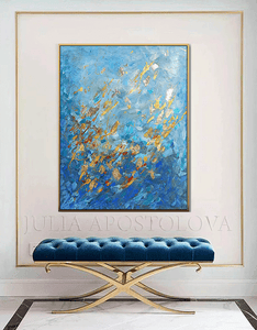 Blue Gold Wall Art, Abstract Gold Leaf Original Painting 'Winter Waltz' Zen Decor by Julia Apostolova, turquoise and black, oil art, gift for him, floral art, gift for her, Gold Leaf Wall art, Julia Apostolova, interior decor, huge art, large wall art, art painting canvas, luxury gold art, abstract gold leaf, abstract minimalist art, modern trendy art, living room wall art, interior designer, bedroom art, art for master bedroom, large painting on canvas, elegant decor, blue gold turquoise, blue canvas art