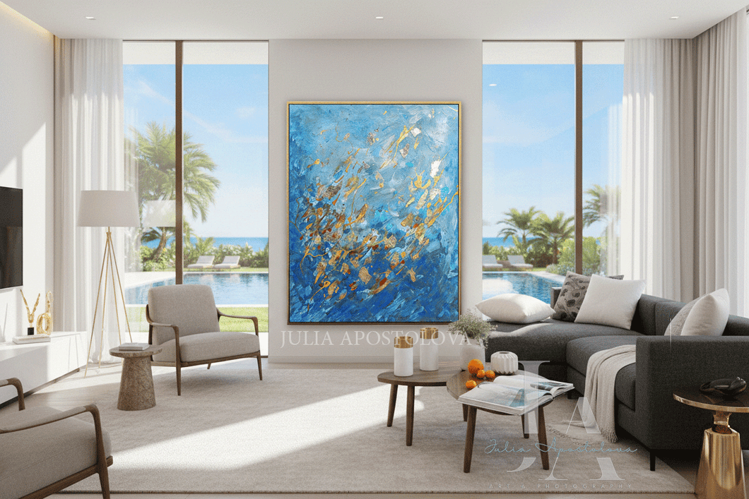 新品未使用　ウォールアート　４枚セット　マリン　ブルー ゴールド　海外インテリア Blue Gold Wall Art, Abstract Gold Leaf Original Painting 'Winter