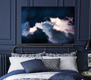 Dark Blue Painting Large Cloud Wall Art Stormy Clouds Canvas Print from Original Cloud Painting by Julia Apostolova, Dark Cloud Wall Art Painting Large Modern Trend Decor, Large Cloud Wall Art over couch in blue living room decor setting. blue wall decor, navy blue painting, blue decor, blue canvas art, art gifts for him, art gift for friends, art gift, art for master bedroom, abstract painting, abstract print, huge abstract art, Cloudscape Abstract Wall Art Contemporary Art Abstract