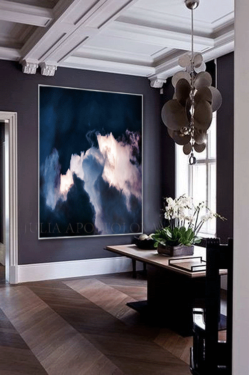 Large Cloud Blue Painting Original Cloud Painting by Julia Apostolova, Stormy Clouds, Indigo Wall Art Canvas Print Dark Cloud Wall Art Painting Large Modern Trend Decor, Large Cloud Wall Art Dark Blue Painting over couch in blue living room decor setting, blue wall decor, navy blue painting, blue decor, blue canvas art, art gifts for him, art gift for friends, art gift, art for master bedroom, abstract painting, abstract print, huge abstract art, Cloudscape Abstract Wall Art Contemporary Art Abstract