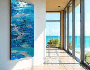 Original Abstract Seascape Art in Teal, Blue, and Silver Leaf – Coastal Wall Decor