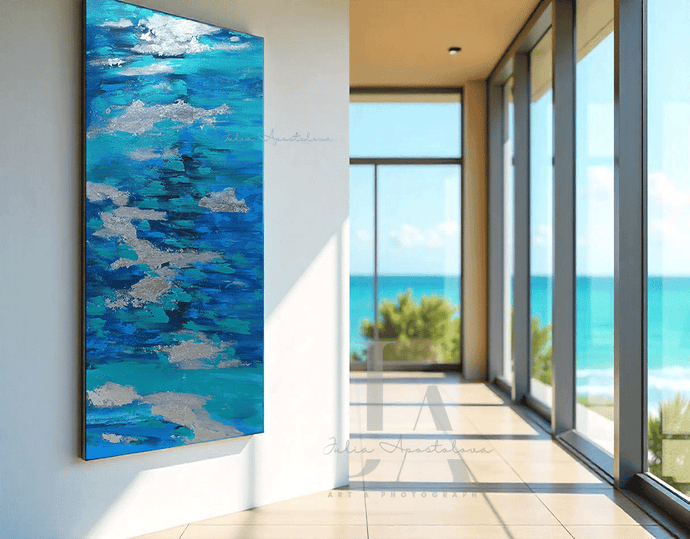 Original Abstract Seascape Art in Teal, Blue, and Silver Leaf – Coastal Wall Decor