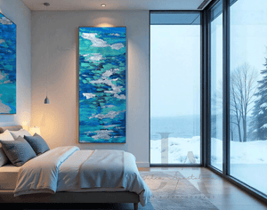 Shimmering Lagoon Long Horizontal Seascape Painting with Metallic Silver & Blue Tones
