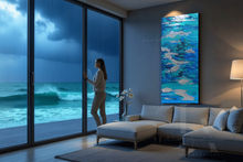 Modern living room with a large window view of the ocean, a woman standing by the window, and a colorful blue abstract painting on the wall.