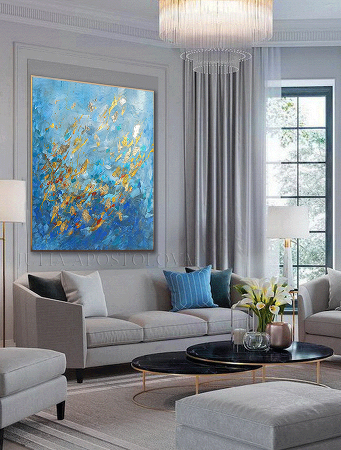 Blue Gold Wall Art, Abstract Gold Leaf Original Painting 'Winter Waltz' Zen Decor by Julia Apostolova, turquoise and black, oil art, gift for him, floral art, gift for her, Gold Leaf Wall art, Julia Apostolova, interior decor, huge art, large wall art, art painting canvas, luxury gold art, abstract gold leaf, abstract minimalist art, modern trendy art, living room wall art, interior designer, bedroom art, art for master bedroom, large painting on canvas, elegant decor, blue gold turquoise, blue canvas art