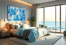 Modern bedroom with ocean view, blue abstract painting, and large windows.