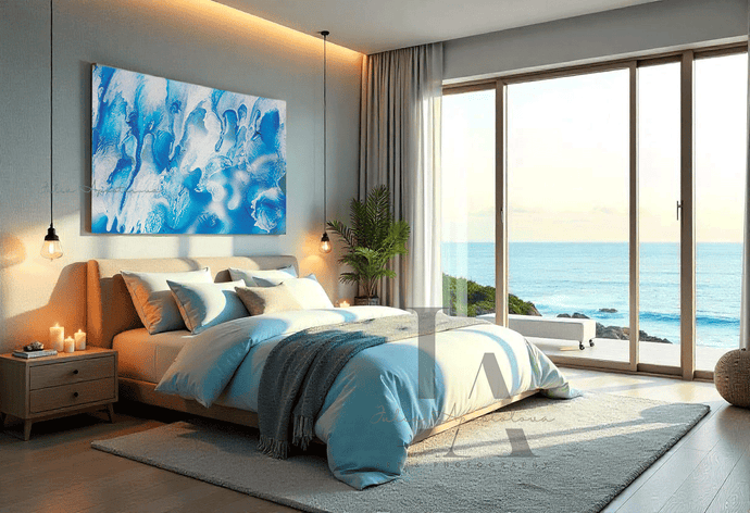 Modern bedroom with ocean view, blue abstract painting, and large windows.