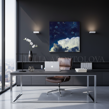 Modern office desk with a cloud painting,  laptop, chair, and large windows with  city view.