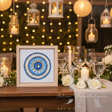 Decorative table setting with framed artwork, candles, and flowers against a warm, blurred background.