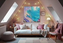Living room with a white sofa, colorful abstract painting, and decorative items.