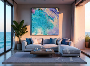 Modern living room with a large abstract painting, gray sofa, and ocean view.