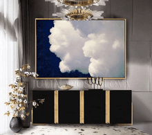 Large white cloud against a navy blue celestial sky painting , hanging over moder cadenza , in modern minimalist luxury living room setting. 