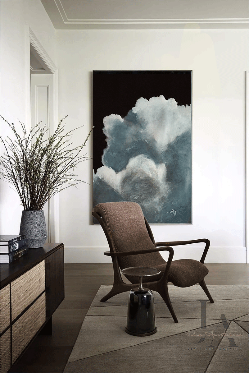 Original Cloud Wall Art Painting for Modern Wall Decor by Julia Apostolova Abstract Art Gift for Men, Large Cloud Wall Art, Oversized Blue Painting Canvas Print Modern Trend Decor Abstract Clouds Blue Decor, Cloud Art Painting Canvas Print Large Modern Trend Decor Abstract Clouds Dark Blue Decor, Blue Wall Art in living room decor setting. Dark Art in office decor. Dark Teal Painting Abstract Large Cloud Wall Art on high qualify Canvas from Original Cloud Painting by artist Julia Apostolova, perfect Teal Wa