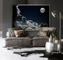 Cloud Painting, Cloudscape, Storm Clouds and Full Moon Dark Blue Print Extra Large Wall Art for Bedroom or Office. Stormy Clouds Large Cloud Wall Art Canvas Print from Original by Julia Apostolova, Large Modern Trend Decor, Large Cloud Wall Art over couch in blue living room decor setting. blue wall decor, navy blue painting, blue decor, blue canvas art, art gifts for him, art gift for friends, art gift, art for master bedroom, abstract painting, abstract print, huge abstract art, Abstract Wall Art