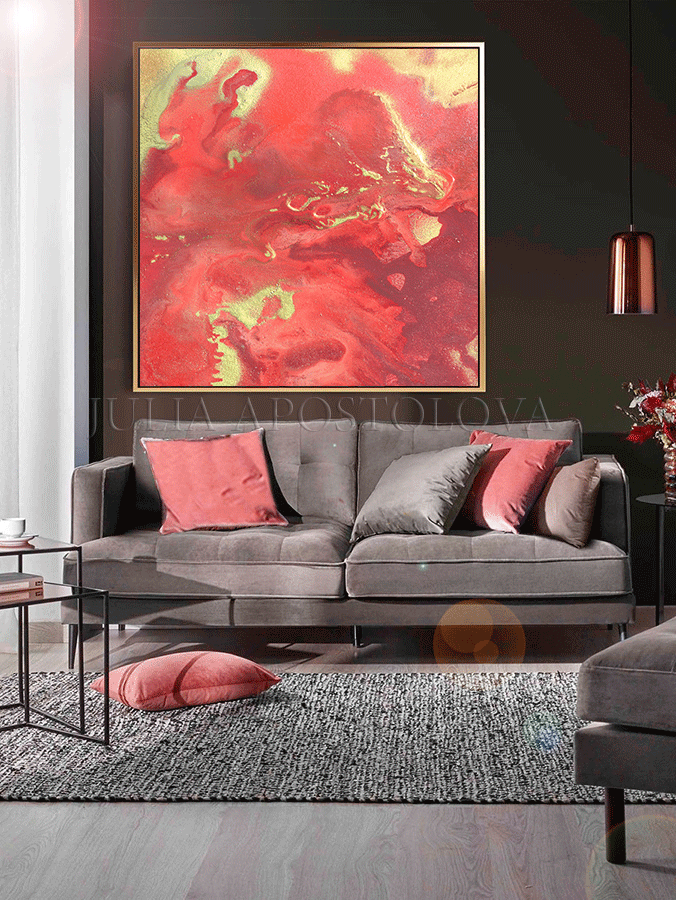 Coral Gold Wall Art, Coral Minimalist Abstract Painting, Canvas Art, Golden Details, Coral and Gold, READY TO HANG, Julia Apostolova, romantic painting, French Charm, glitter abstract art, minimalist art, coral wall art, coral painting, coral minimalist painting, coral gold wall art, coral gold, coral decor, print on canvas, pouring painting, anniversary gift, extra large abstract paintings, large abstract art, embellished giclée, embellished canvas, elegant interior design, elegant decor, gift for her