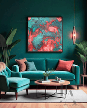 Modern living room with teal sofa, colorful abstract painting, and decorative items.