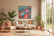Living room with a colorful abstract teal coral painting, plants, and a large window.