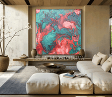 Modern living room with a colorful green coral abstract painting on the wall