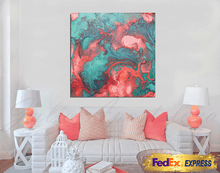 Living room with a colorful abstract painting on the wall, white sofa with pink and coral pillows, and FedEx Express logo.