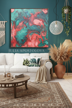 Living room with a white sofa, coffee table, and colorful teal coral abstract painting on the wall, by artist Julia Apostolova