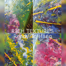 Four abstract textured paintings by Artist Julia Apostolova, shown in a 2x2 grid, featuring thick impasto brushstrokes in green, yellow, blue, pink, and white. A white text overlay across the center reads 'RICH TEXTURES Ready To Hang'.