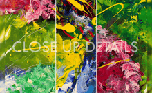 Three vertical close-up panels of an abstract diptych painting by artist Julia  Apostolova, with thick brushstrokes in green, yellow, pink, blue, red, and white, overlaid with the text 'CLOSE UP DETAILS'